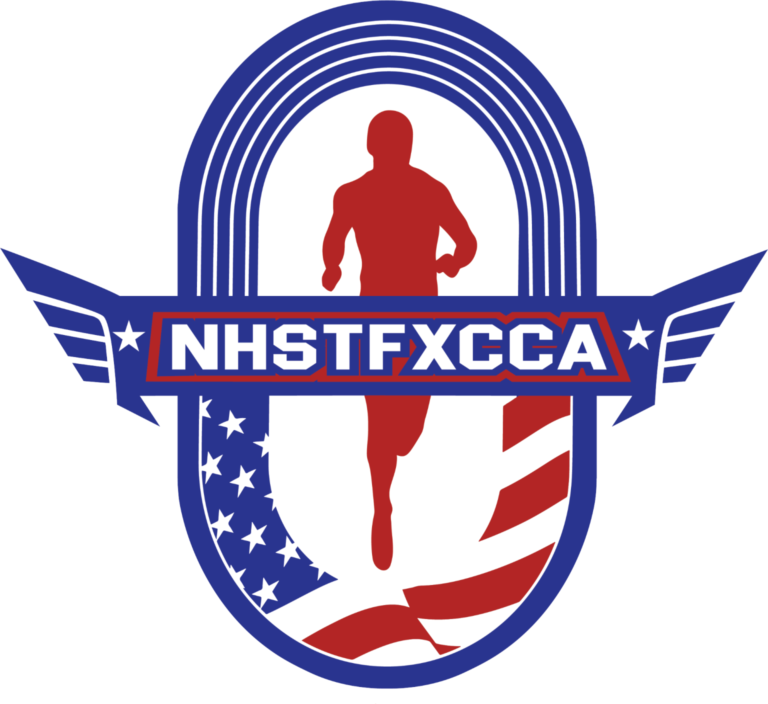 NHSTFXCCA emblem with a runner, track and American flag